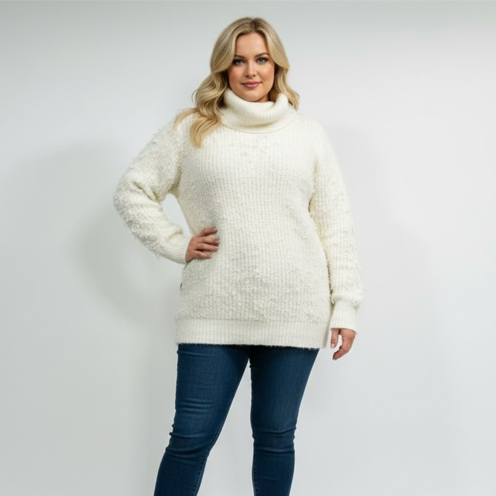 Emory Park Cream Cozy Fuzzy Fringe White Turtleneck Sweater size‎ Large